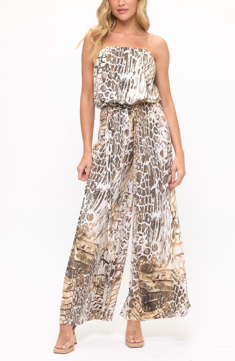 O.L. Printed Strapless Wide Leg Jumpsuit, Alternate, color, Camel Reptile