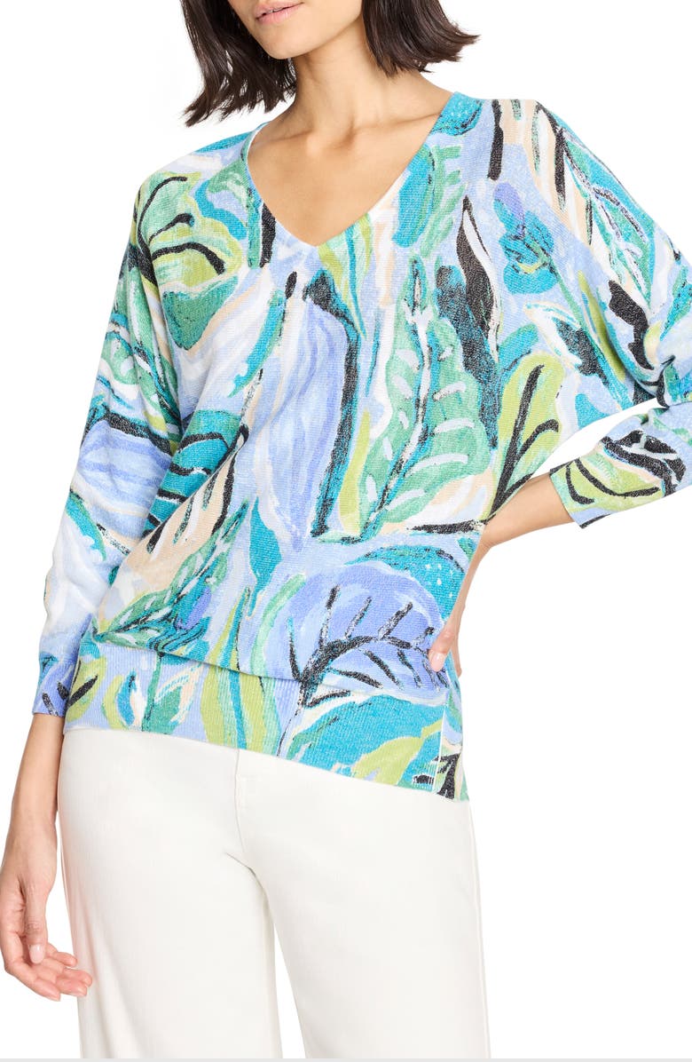 NIC+ZOE Island Beat Print V-Neck Sweater, Main, color, Blue Multi