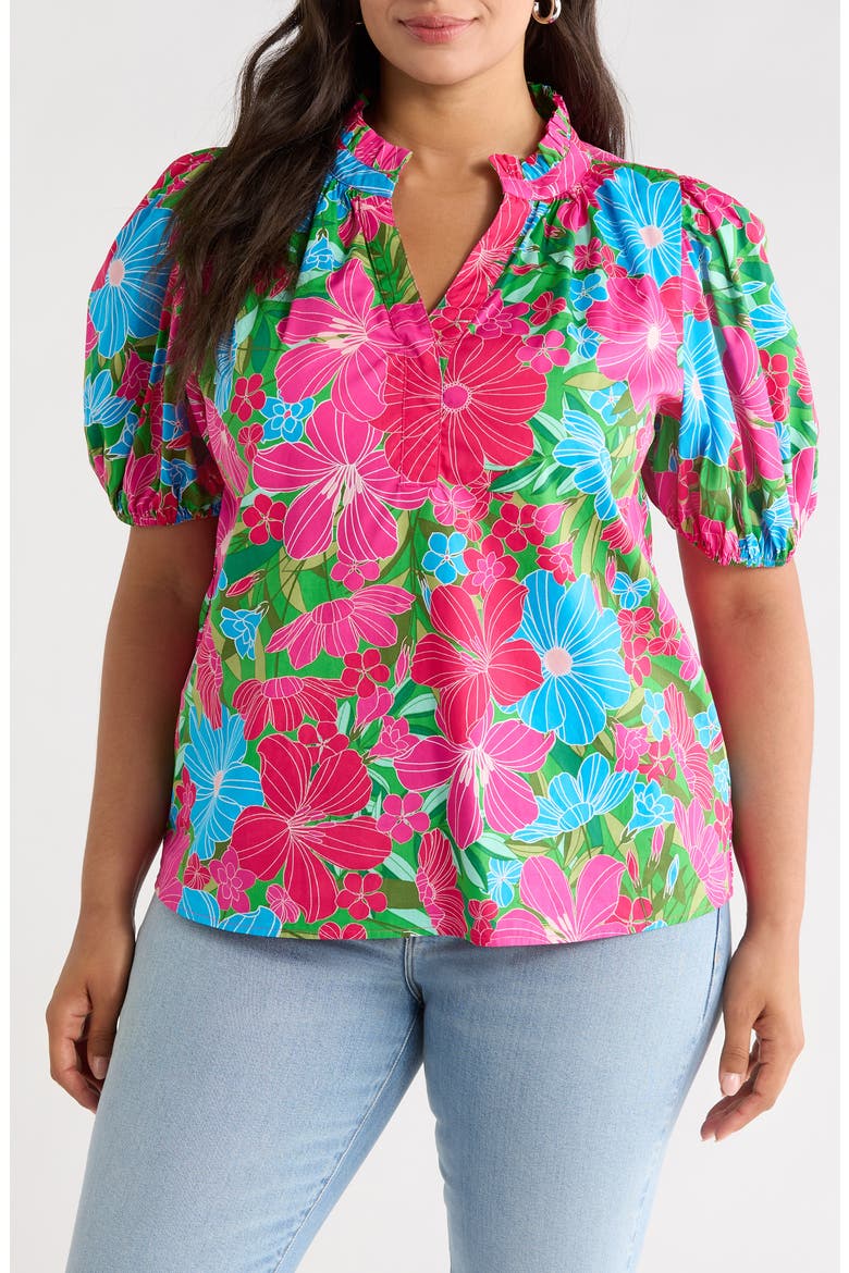 Close to You Floral Split Neck Top, Main, color, PINK-BLUE-GREEN