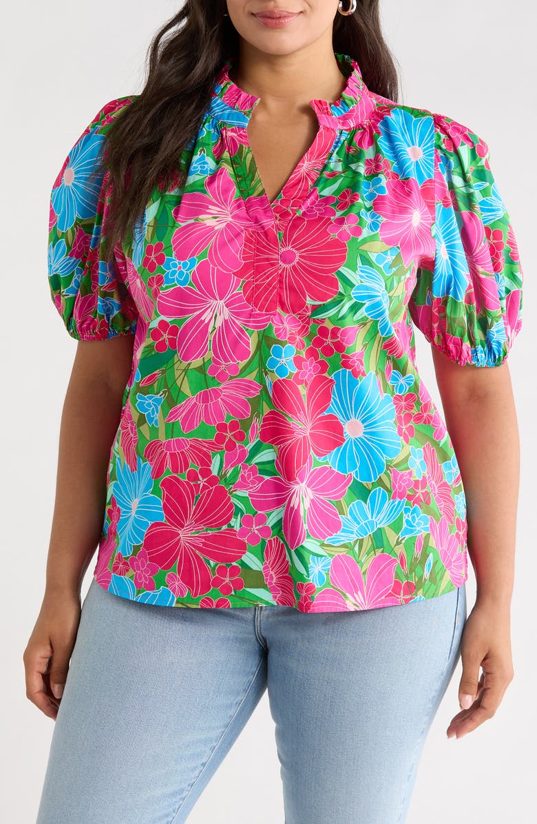 SUGARLIPS Close to You Floral Split Neck Top, Main, color, Pink-Blue-Green