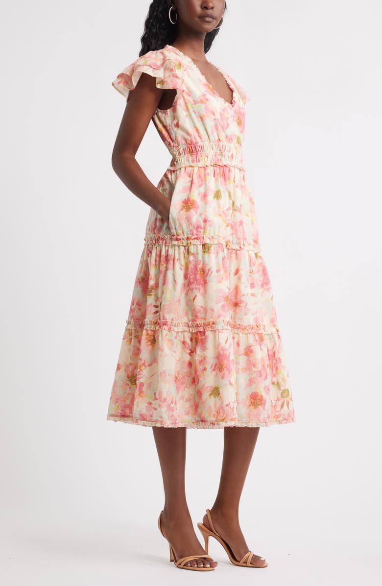 Chelsea28 Flutter Sleeve Tiered Cotton Midi Sundress, Alternate, color, Pink- Ivory Gia Floral