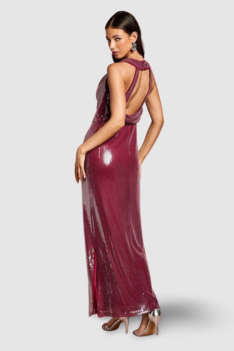 Cowl Front Halter Sequin Maxi Dress, Alternate, color, Plum