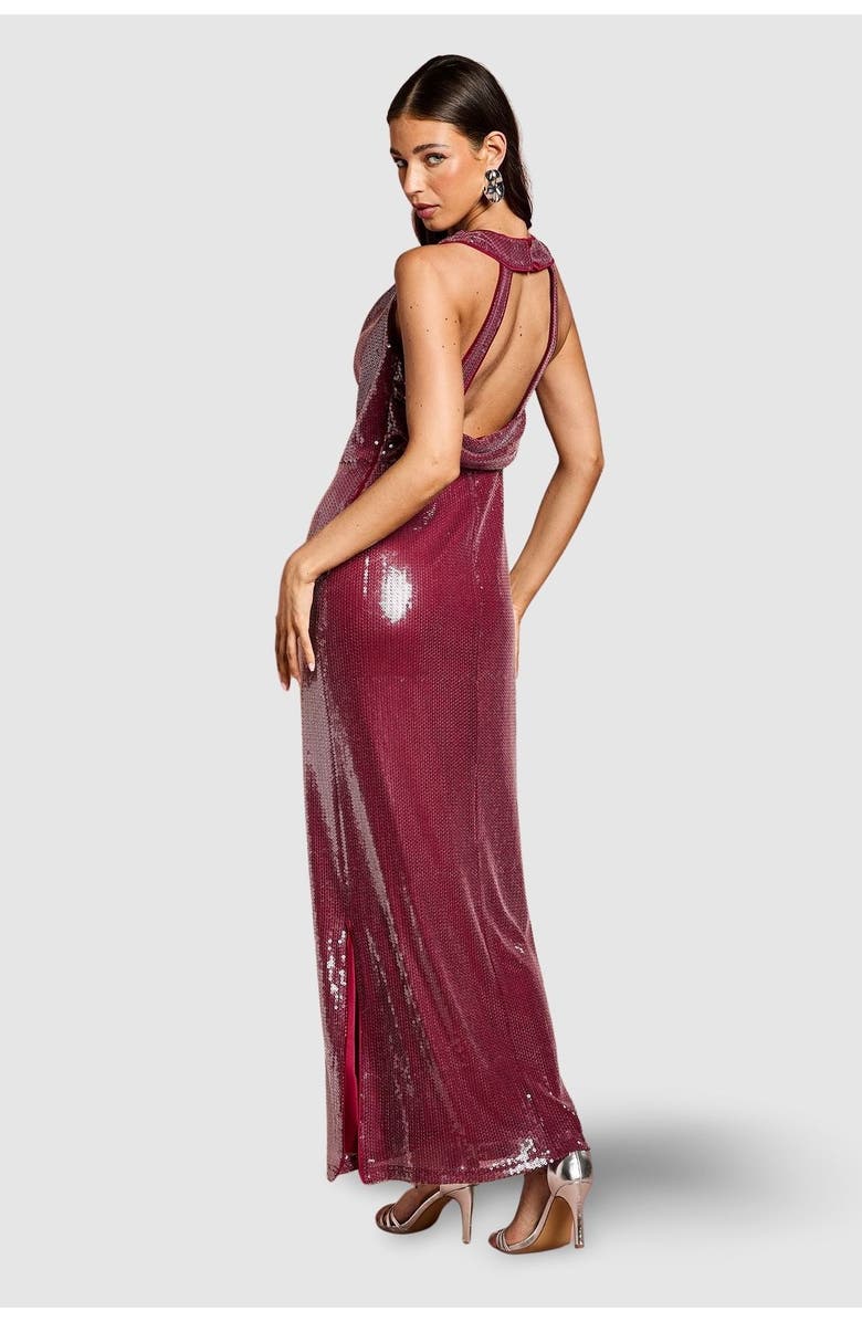 Coast Cowl Front Halter Sequin Maxi Dress, Alternate, color, Plum
