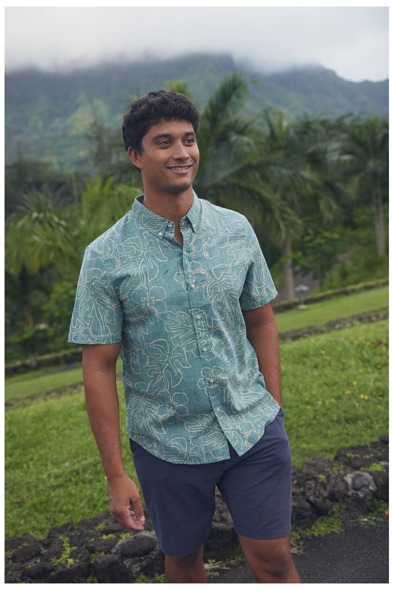 Monstera Ink Tailored Fit Short Sleeve Button-Down Shirt, Alternate, color, SAGEBRUSH