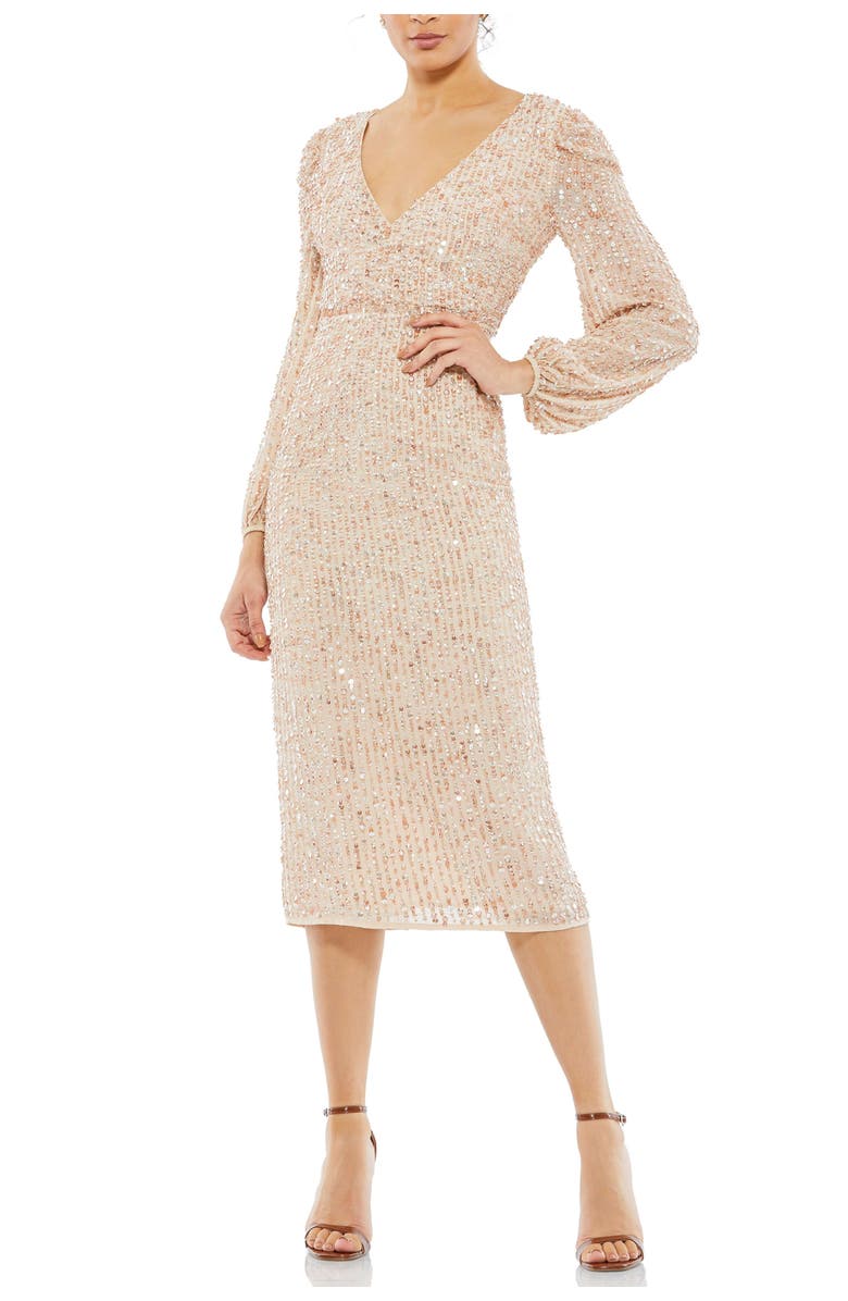 Mac Duggal Sequin Faux-Wrap Cocktail Dress with Puff-Shoulder Sleeves & Midi Skirt, Main, color, Nude