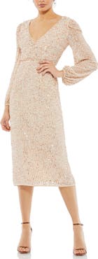 Mac Duggal Sequin Faux-Wrap Cocktail Dress with Puff-Shoulder Sleeves & Midi Skirt