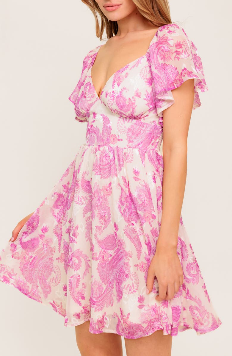 FLYING TOMATO Flutter Sleeve Print Midi Dress, Alternate, color, Ivory Pink