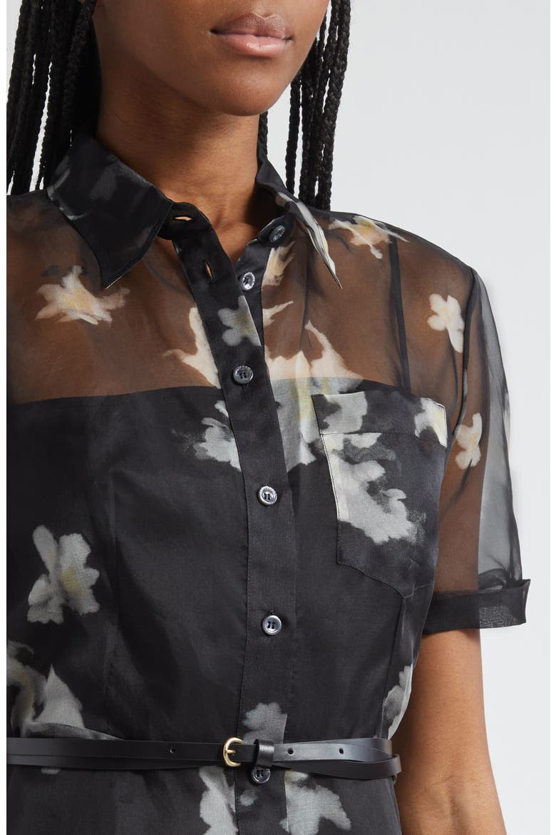 Kiera Print Silk Chiffon Belted Shirtdress, Alternate, color, BLACK INKY FLOWERS