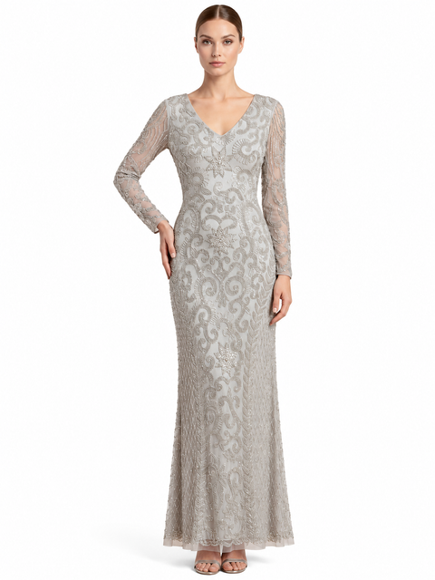 Long Sleeve V-Neck Beaded Evening Gown