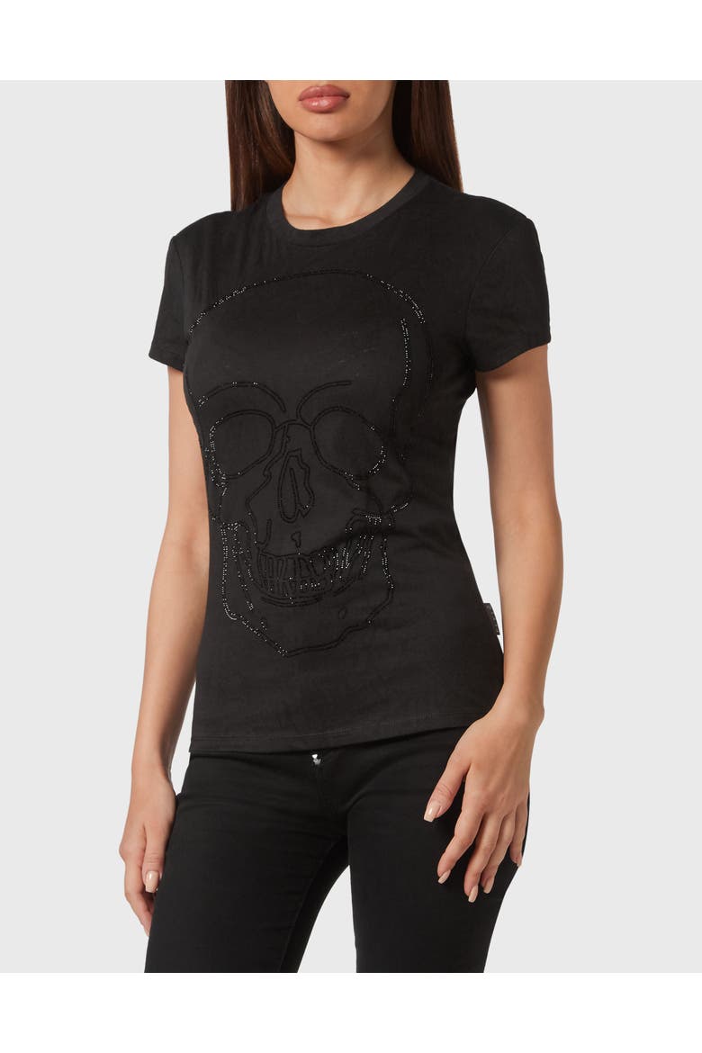 T-Shirt Round Neck Skull Women, Main, color, black