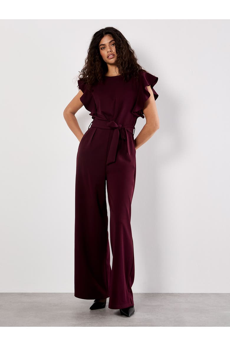 Ruffle Sleeve Pleat Detail Jumpsuit, Main, color, Burgundy