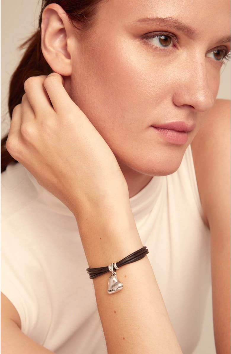 UNODE50 Leather bracelet with a sterling silver-plated heart charm, Alternate, color, Silver