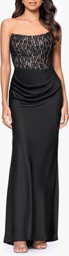 Betsy & Adam Strapless Lace & Satin Gown