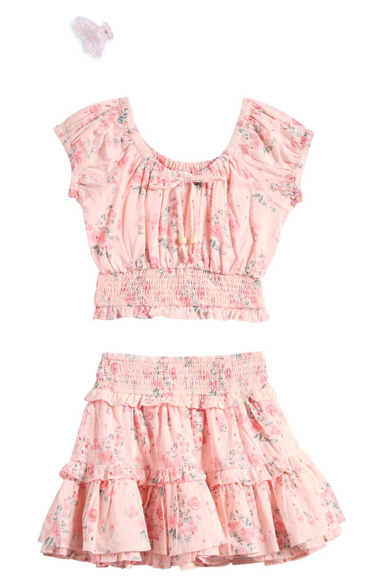 Tween Diva Kids' Floral Eyelet Smocked Top, Tiered Skirt & Butterfly Claw Clip Set, Main, color, Blush