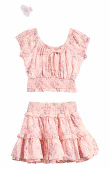 Tween Diva Kids' Floral Eyelet Smocked Top, Tiered Skirt & Butterfly Claw Clip Set
