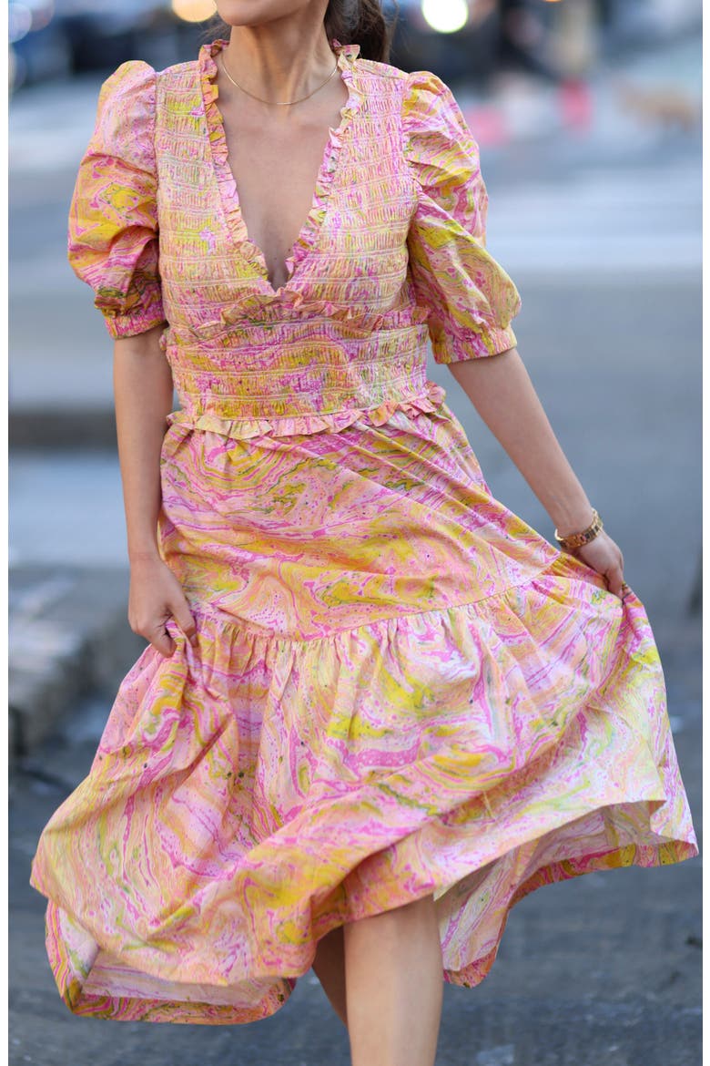 Astrid Marble Smocked Midi Dress, Alternate, color, pink