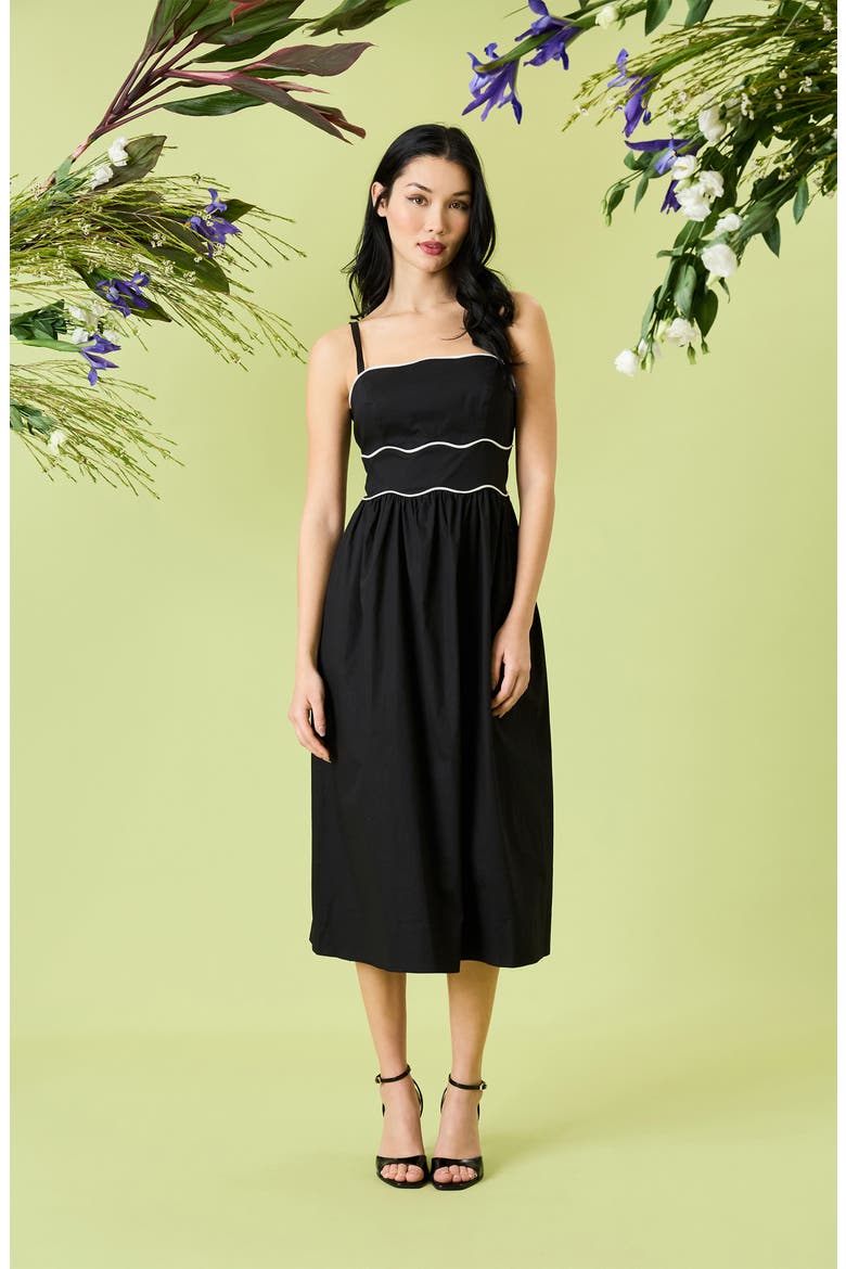 Wavy Piping Stretch Cotton Midi Sundress, Alternate, color, BLACK