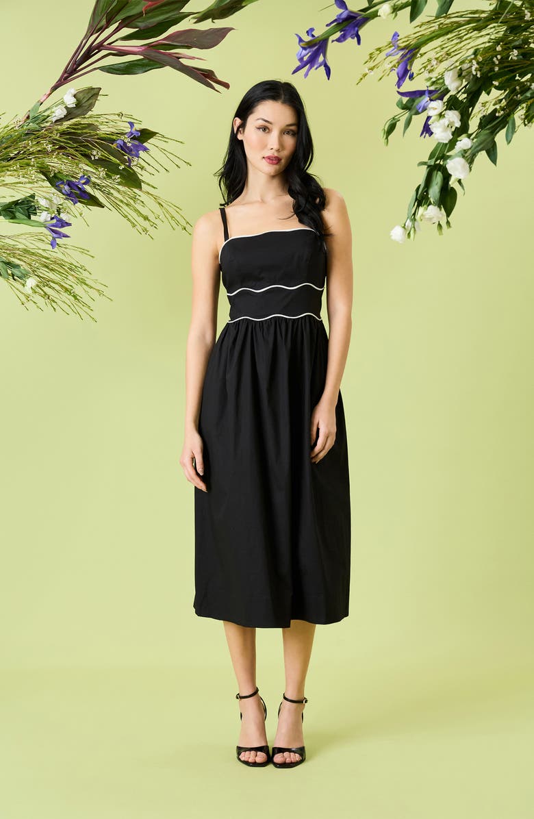 Donna Morgan Wavy Piping Stretch Cotton Midi Sundress, Alternate, color, Black