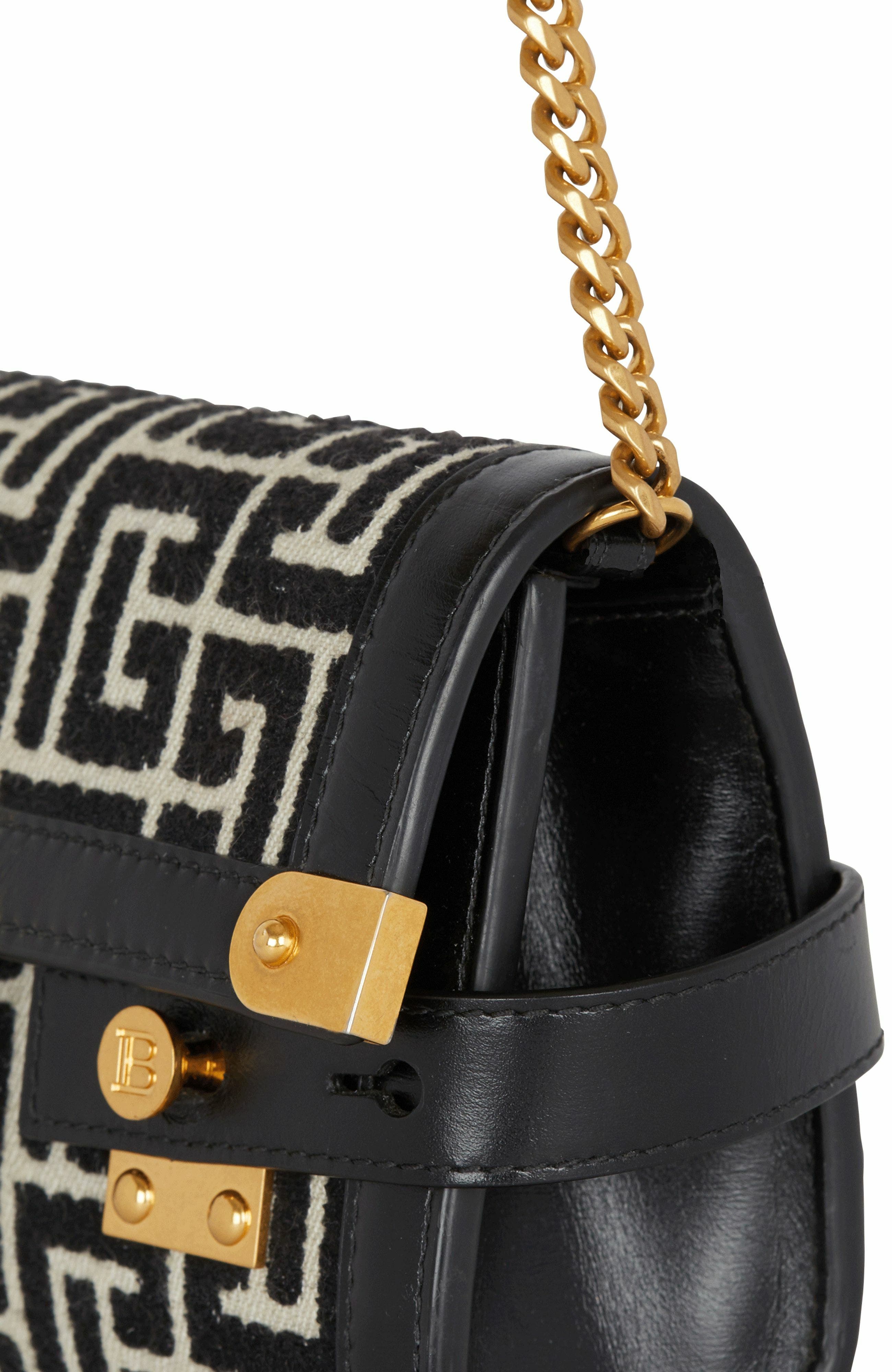 Balmain B-Buzz Pouch 23 In Monogrammed Jacquard Canvas And Leather, Alternate, color, Black