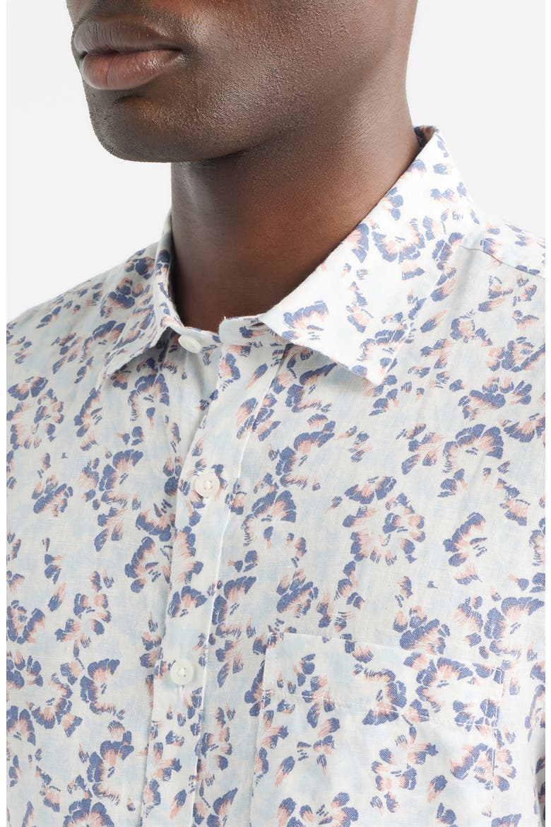 Fan Floral Printed Short Sleeve Linen Button-Up Shirt, Alternate, color, BLUE BIJOU FAN FLORAL