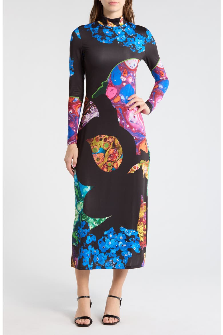 Abstract Print Long Sleeve Dress, Main, color, BLACK