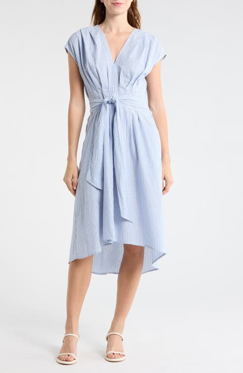 Stripe Tie Front Cotton Blend Dress