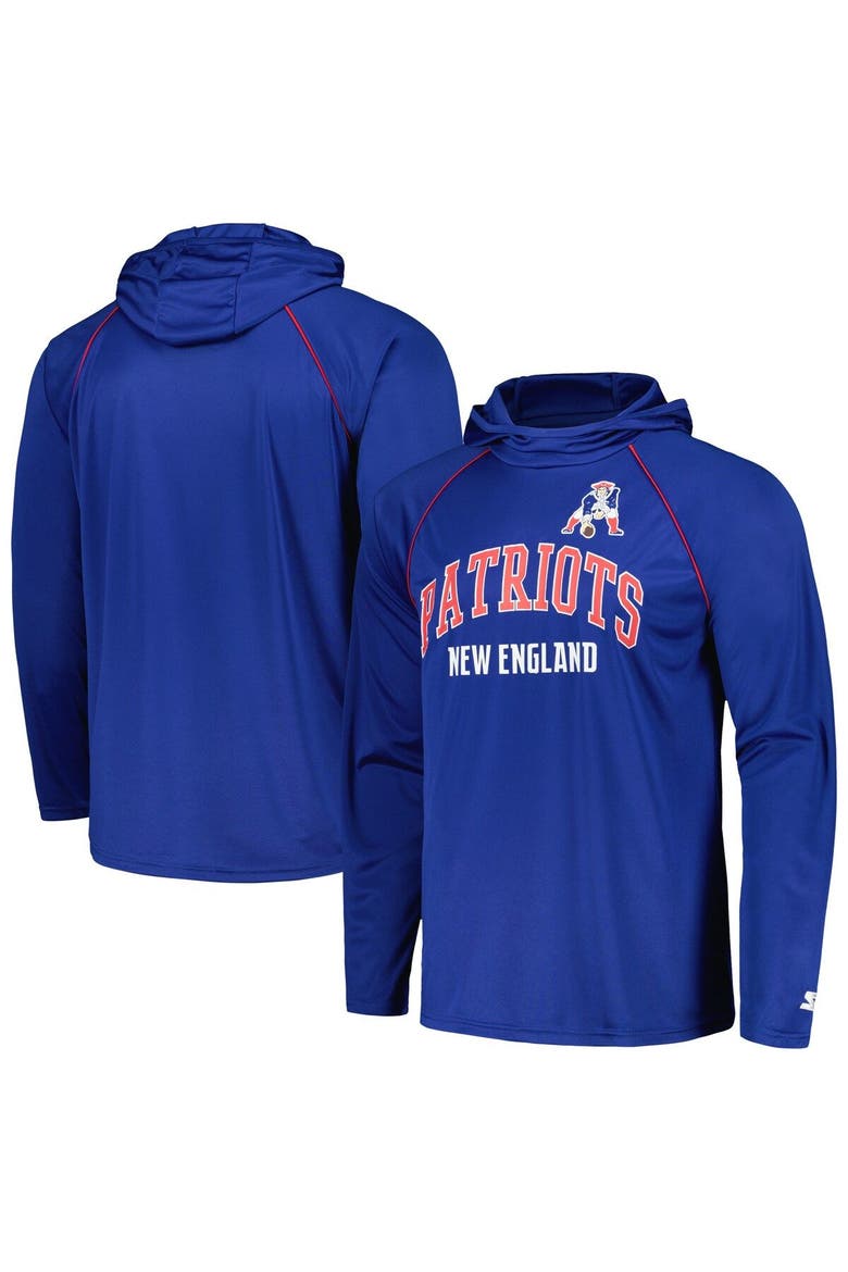 Men's Starter Royal New England Patriots Gridiron Classics Throwback Raglan Long Sleeve Hooded T-Shirt, Main, color, Royal