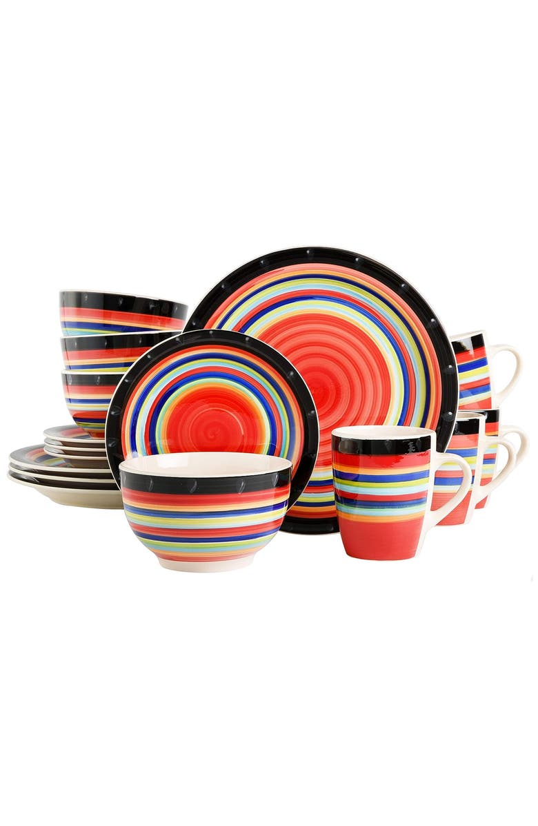 Gibson Home Casa Stellar 16 Piece Round Stoneware Dinnerware Set, Main, color, Red