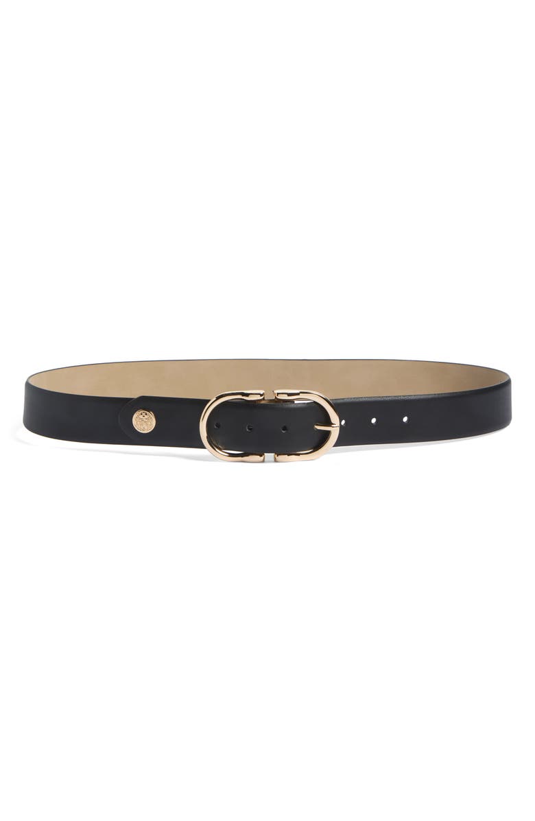 Vince Camuto Centerbar Buckle Faux Leather Belt, Main, color, Black Gold