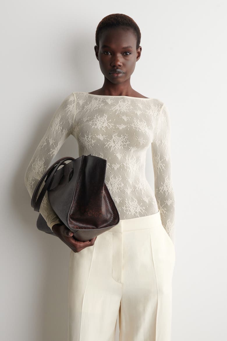 Floral-jacquard Lace Top, Main, color, CREAM