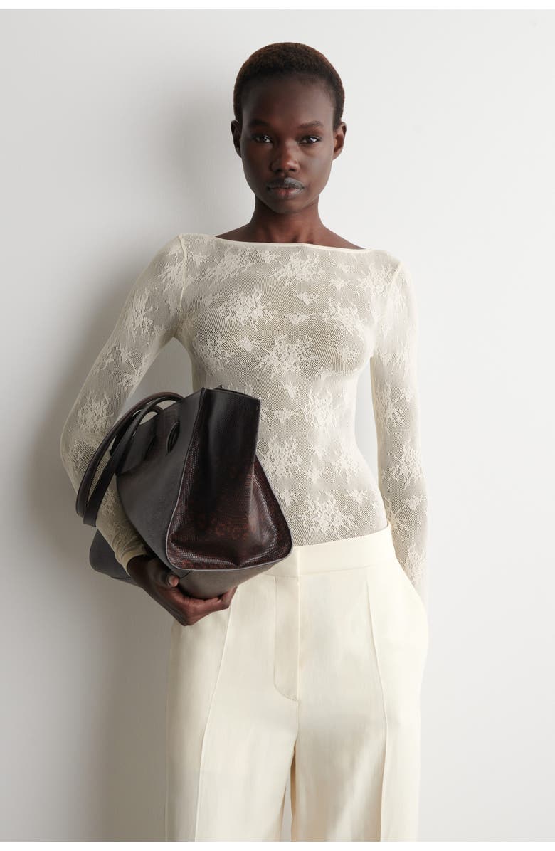 COS Floral-jacquard Lace Top, Main, color, Cream