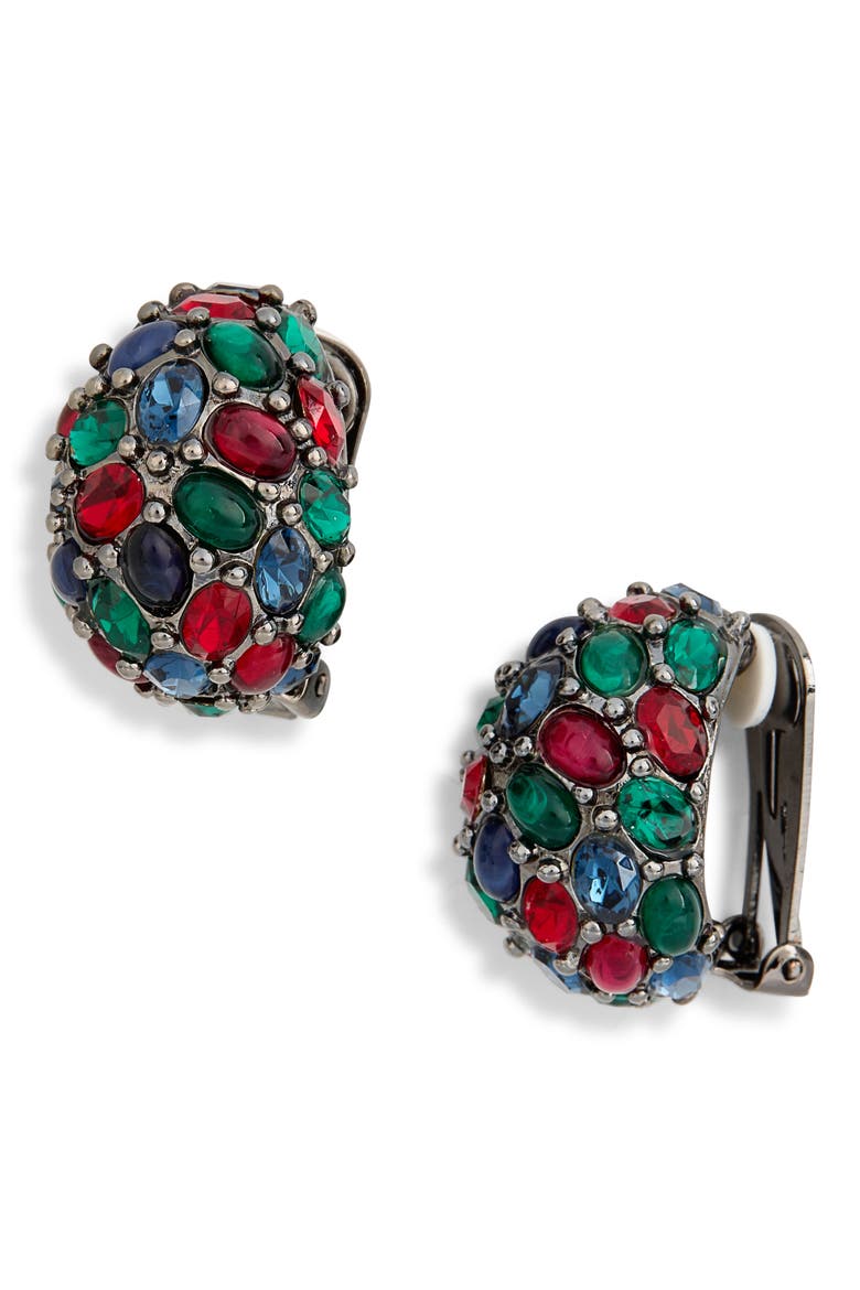 Faux Ruby Emerald Sapphire Clip-On Earrings, Main, color, GUN METAL