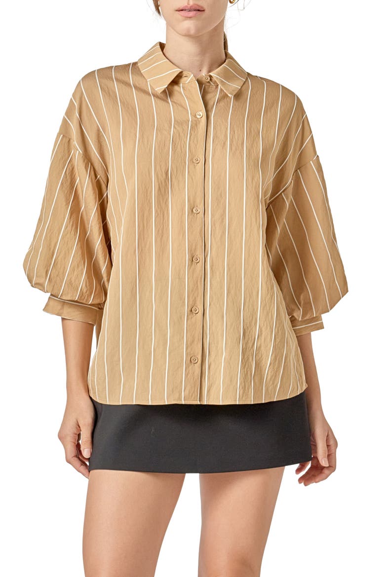 Stripe Balloon Sleeve Shirt, Main, color, TAN/ WHITE
