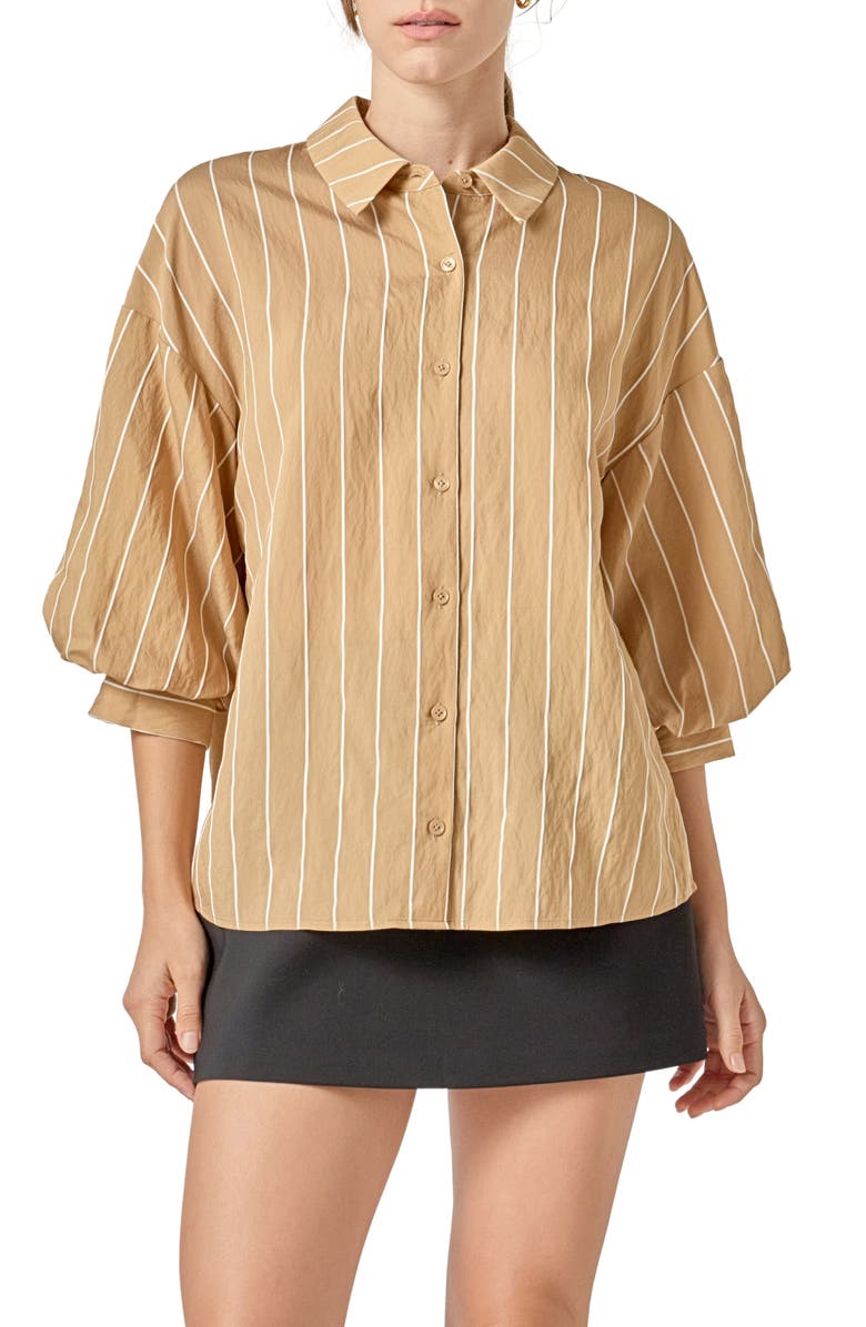 English Factory Stripe Balloon Sleeve Shirt, Main, color, Tan/ White