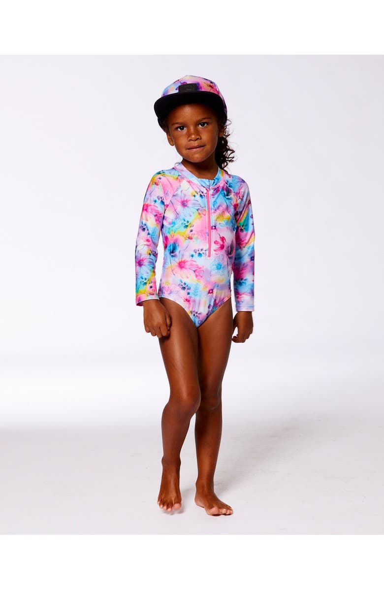 Deux par Deux Little Girl's Printed Long Sleeve Rashguard Butterflies On Multicolored Background, Alternate, color,