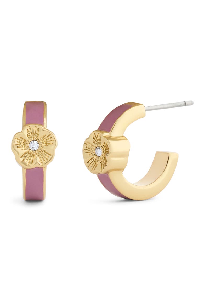 Tea Rose Enamel Huggie Hoop Earrings, Main, color, PINK/ GOLD