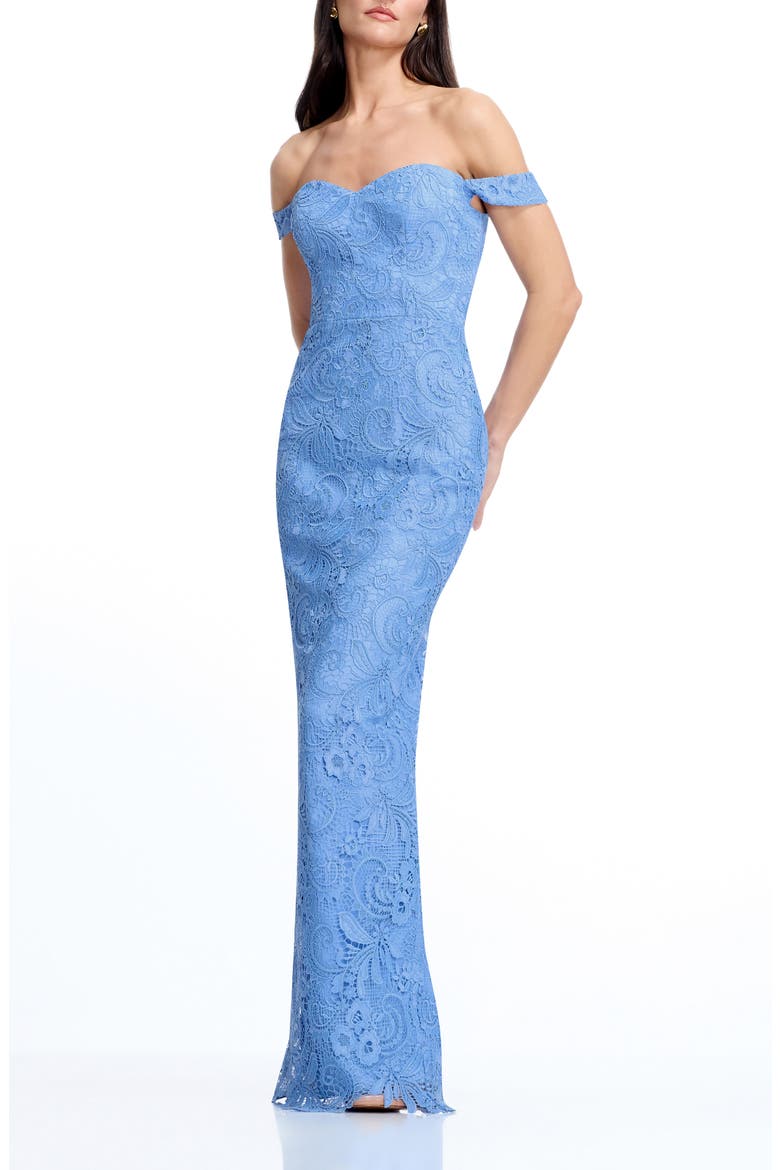 Dorothy Embroidered Lace Off the Shoulder Mermaid Gown, Main, color, SKY