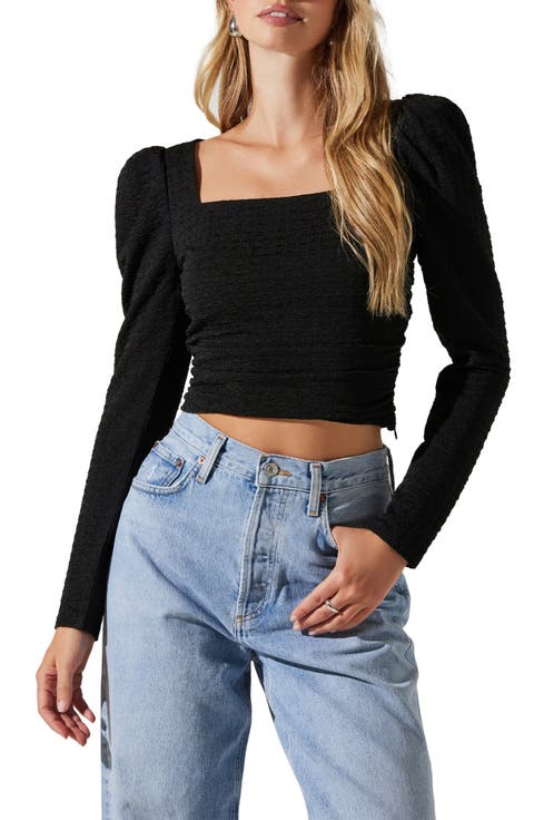 Puff Shoulder Textured Knit Crop Top