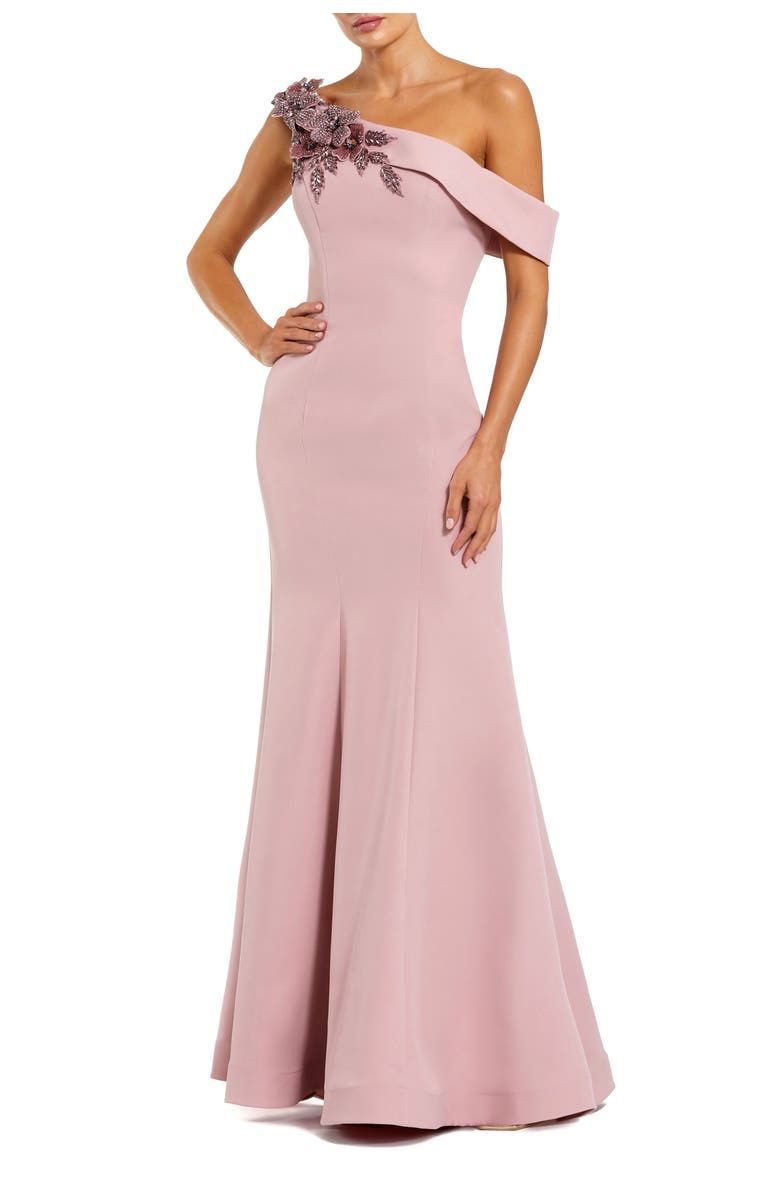 Mac Duggal Crepe Floral Beaded Off The Shoulder Mermaid Gown, Main, color, Rose