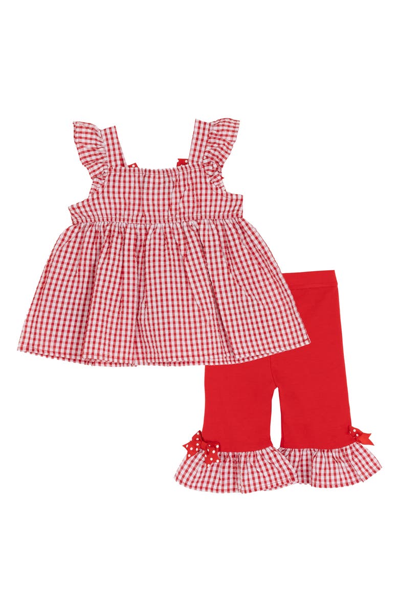 Rare Editions Strawberry Seersucker Top & Capri Leggings Set, Alternate, color, Red