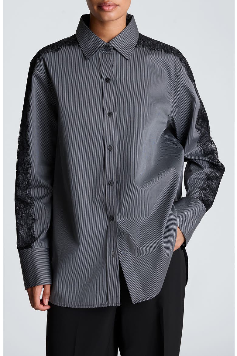 Lace Trim Striped Boyfriend Shirt, Main, color, BLACK/ PEWTER MIST