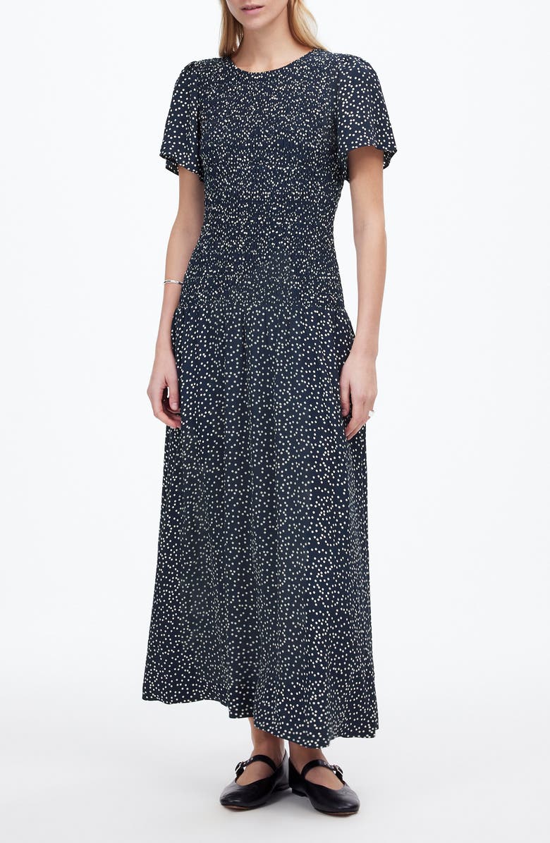 Madewell Smocked Midi Dress, Main, color, Midi Tossed Dot Flat Crepenavy