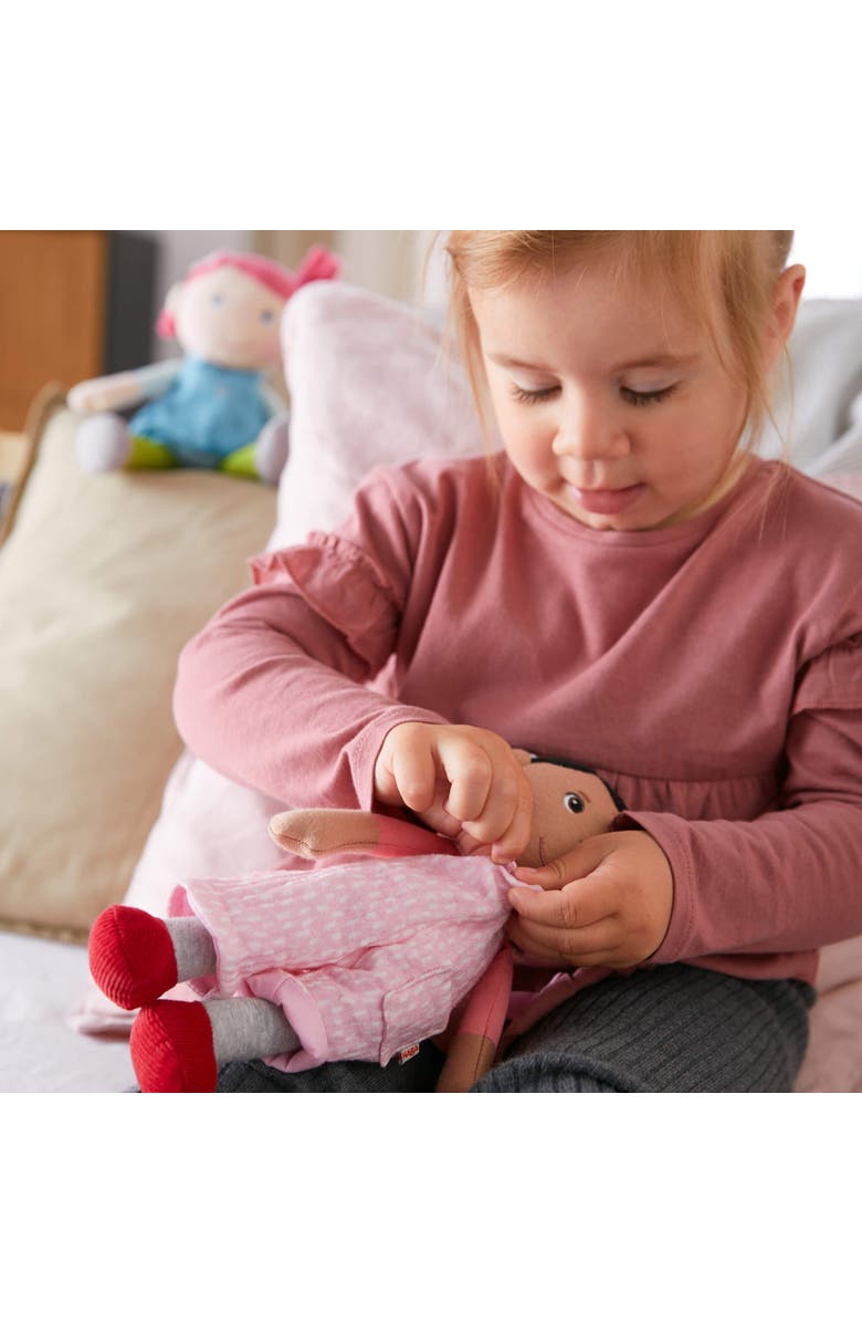 HABA Snug Up Doll Rumbi - 10" Soft Doll with Black Hair and Pink Overalls - Machine Washable for 18 Months and Up, Alternate, color, Multi