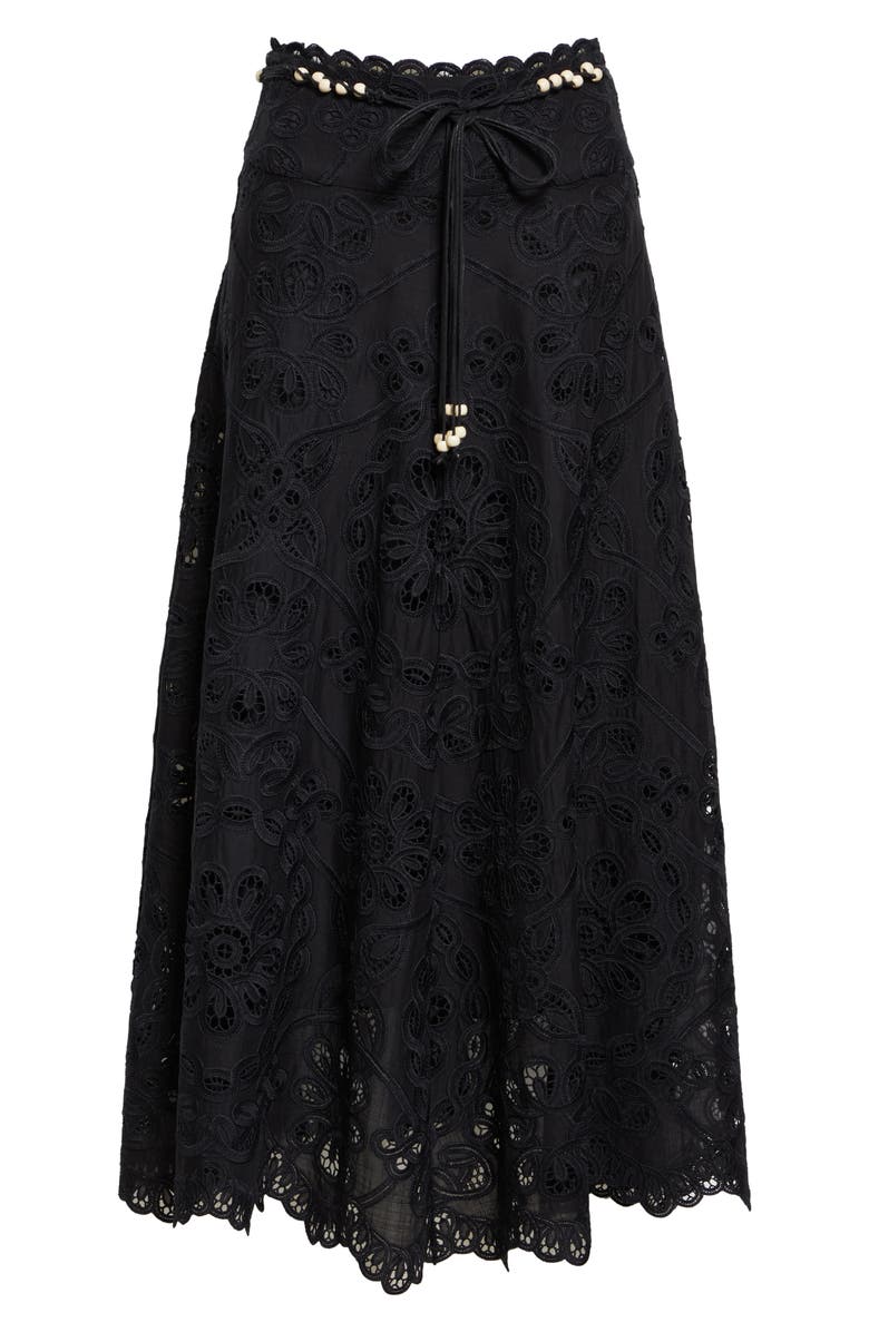 Zimmermann Rhiannon Guipure Lace Trim Cotton Maxi Skirt, Alternate, color, Black