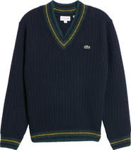 Lacoste Ribbed Wool V-Neck Sweater