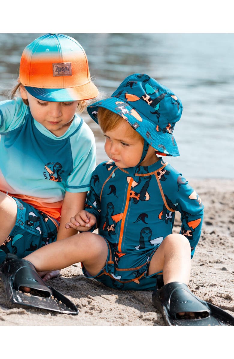 Deux par Deux Baby Boy's Printed Long Sleeve One-Piece Rashguard Orange Sloths On Navy Blue, Alternate, color, 