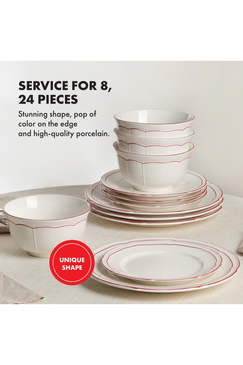 Victory 24-Piece Porcelain Dinnerware Set, Colored Rim, Alternate, color, Red