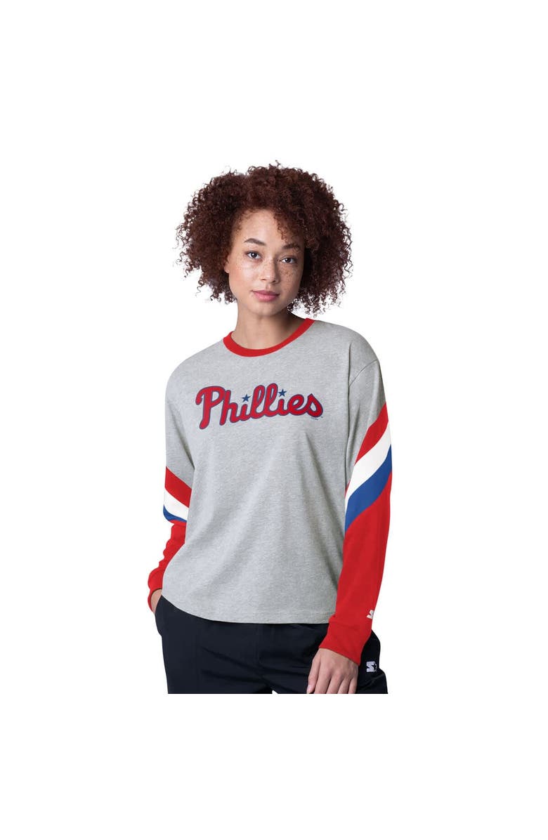 STARTER Women's Starter Heather Gray Philadelphia Phillies Triple A Fashion Color Block Long Sleeve Top, Main, color, 
