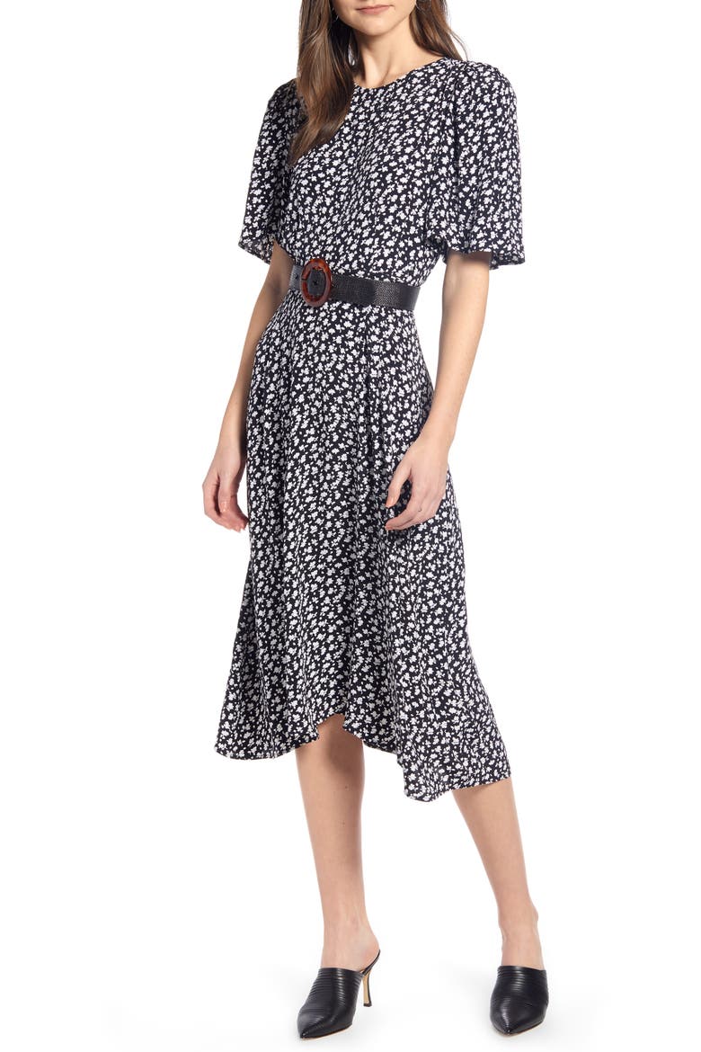 Strong Shoulder Floral Print Midi Dress (Nordstrom Exclusive), Main, color, SN BLACK VINTAGE FLORAL