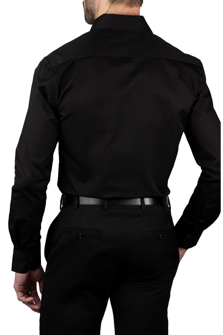 Trim Fit Log Embroidered Cotton Dress Shirt, Alternate, color, BLACK